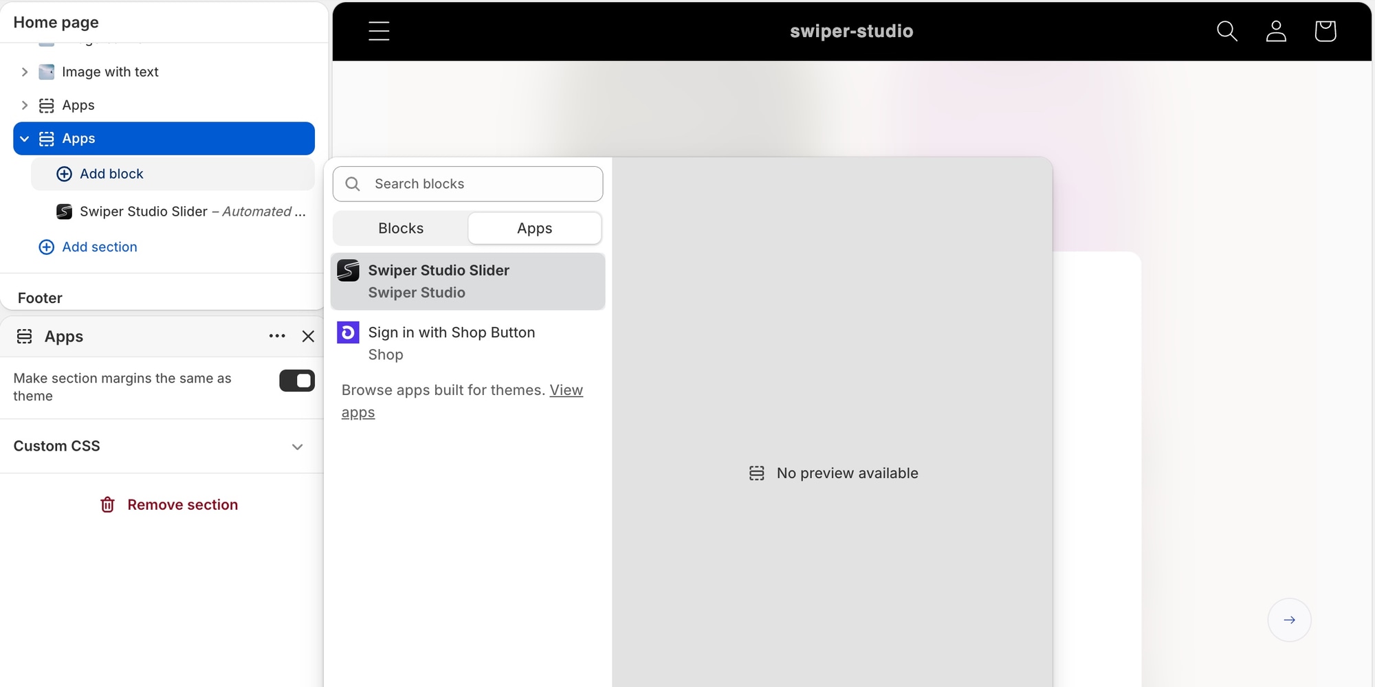 Swiper Studio Shopify App - inserting the slider block
