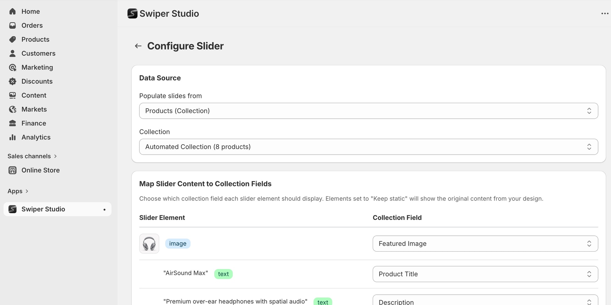 Swiper Studio Shopify App - mapping slide fields