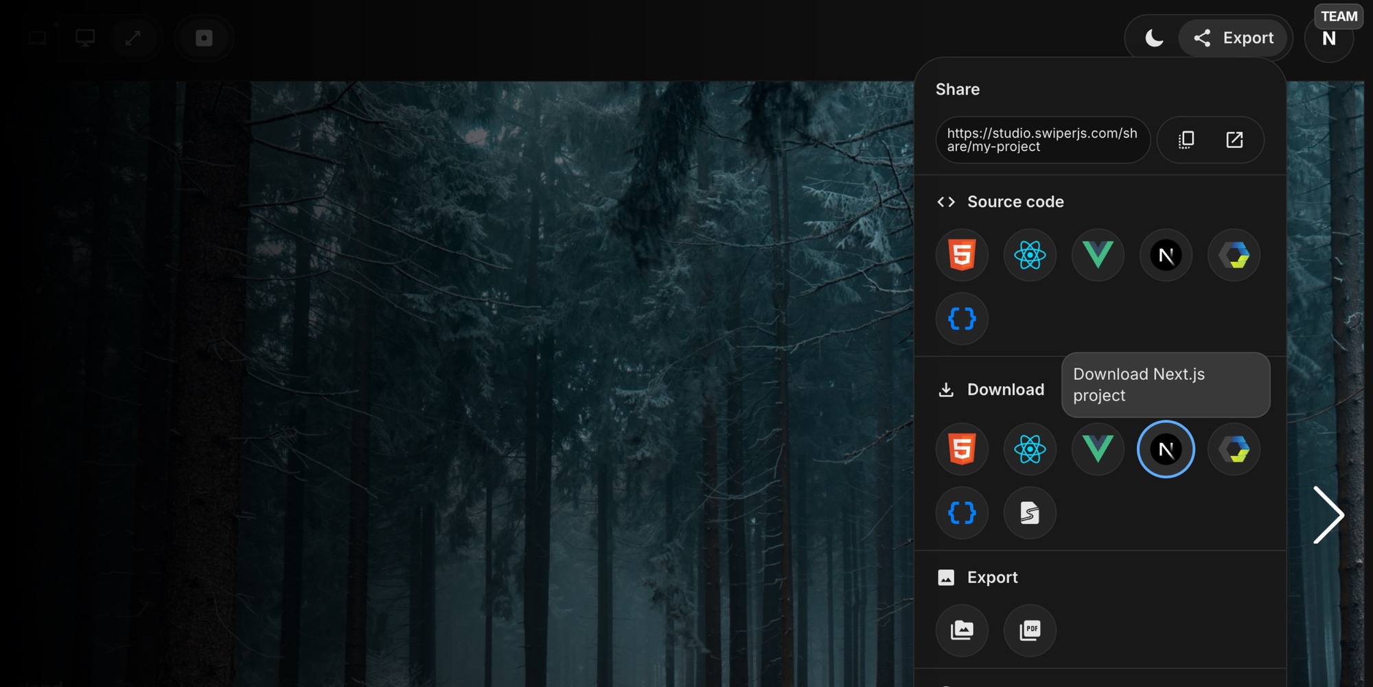 Download section with Next.js option and Include media toggle