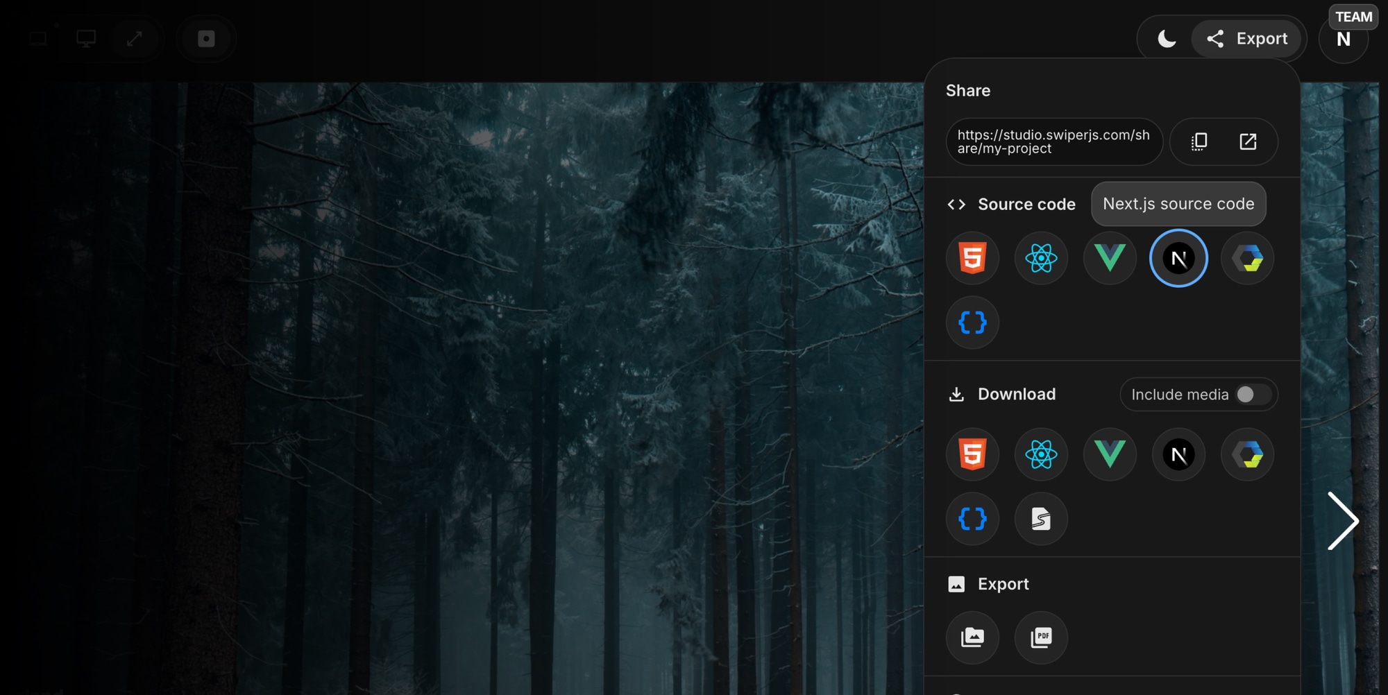 Export panel with Next.js option in the Source Code section